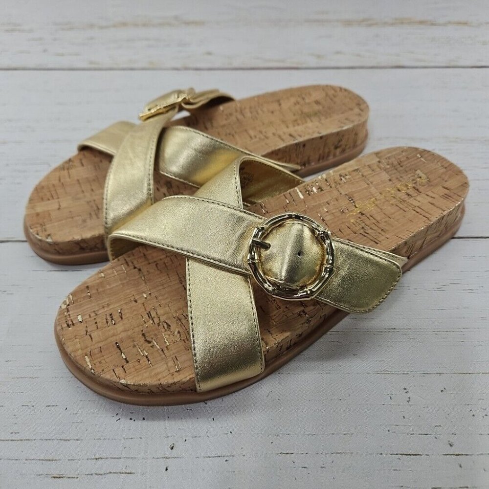 Lilly Pulitzer Bayshore Womens Sandals Cork Gold Metallic Leather Size 6
